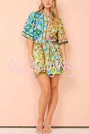 Sasha Linen Blend Unique Printed Shirt Style Tie-waist Mini Dress