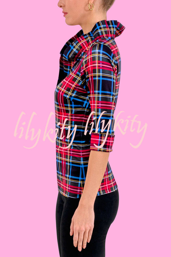 Duke of York Holiday Plaid Ruffle Stand Neck Half Sleeve Blouse