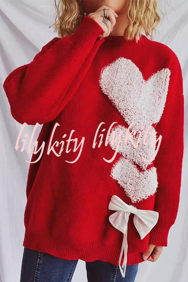 Love Jacquard Loose Cute Bowknitted Long Sleeve Sweater