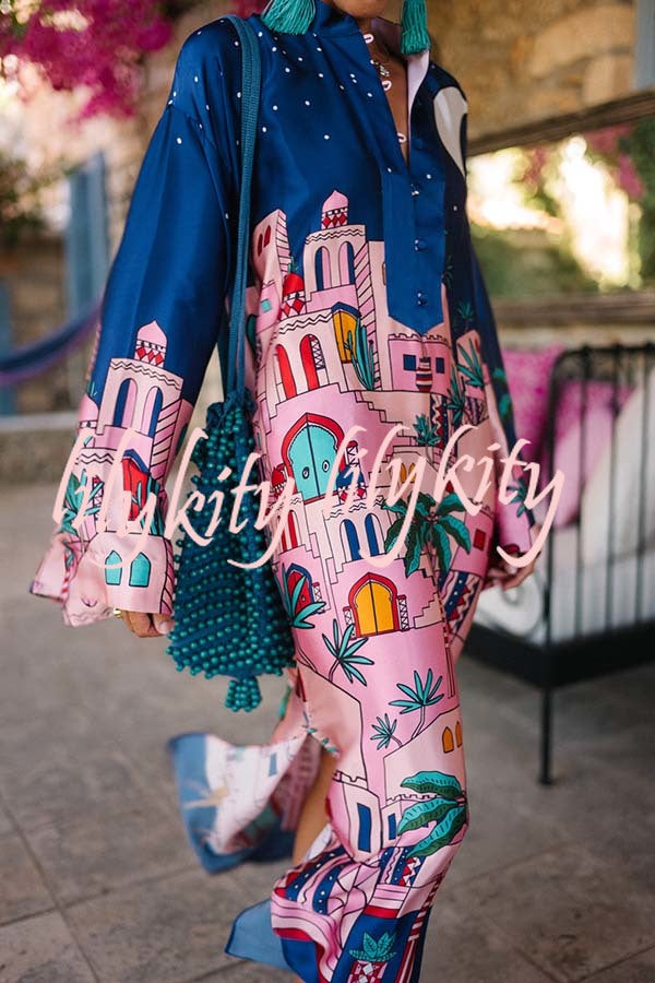 Seaside Stroll Satin Unique Print Button Up Long Sleeve Slit Kaftan Midi Dress