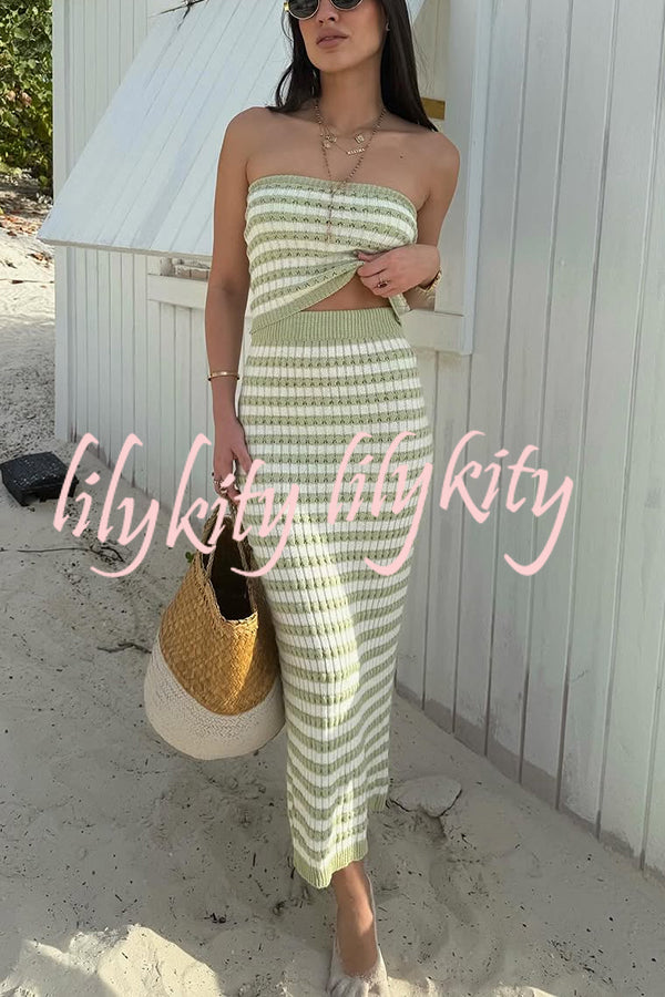 Bahamas Beach Knit Colorblock Stripes Bandeau Top and High Rise Stretch Maxi Skirt Set