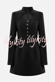 Elegant Long-sleeved Hollowed-out Button-down Slim-fit Mini Dress