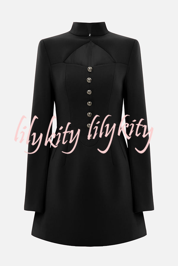 Elegant Long-sleeved Hollowed-out Button-down Slim-fit Mini Dress