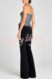 Maya Check Bouclé-tweed Fabric Sweetheart Neck Gold Button Strapless Tank