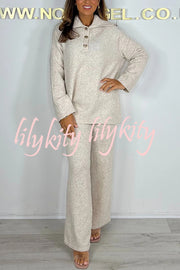 Solid Color Lapel Long-sleeved Loose Top and Elastic Waist Casual Pants Set