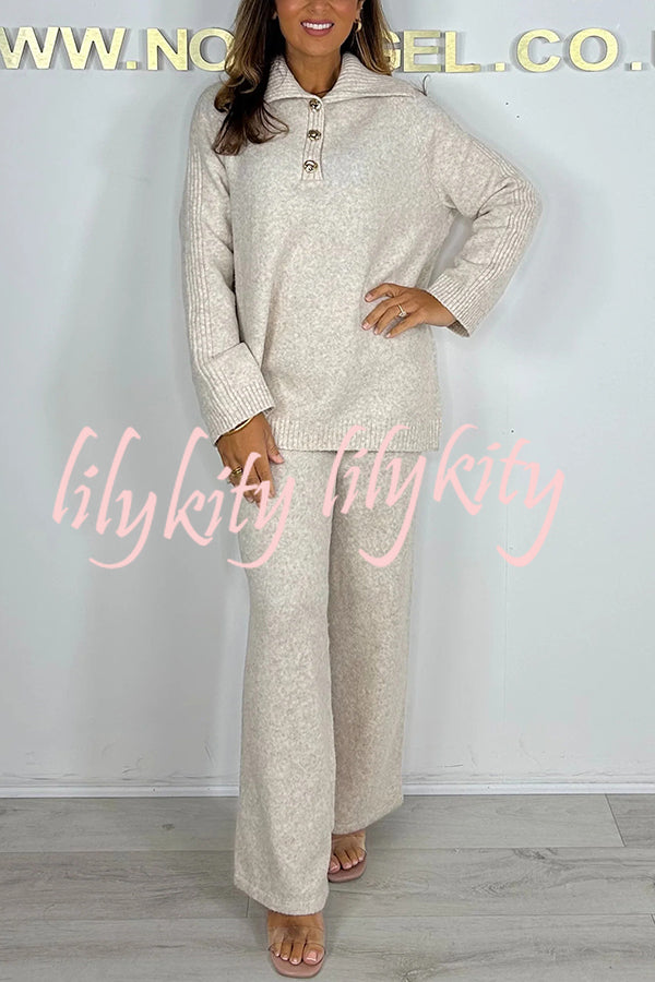 Solid Color Lapel Long-sleeved Loose Top and Elastic Waist Casual Pants Set