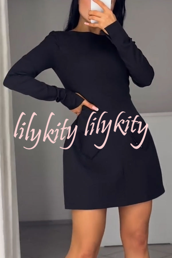 Anna Sparkling Gemstone Trim Heart Pocket Long Sleeve Mini Dress