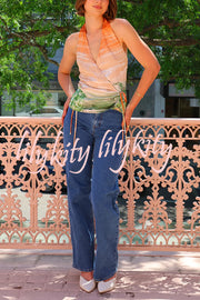 Fairy Tale Town Sunset Unique Print Halter Tie-up Top and Elastic Waist  Pocketed Pants Set