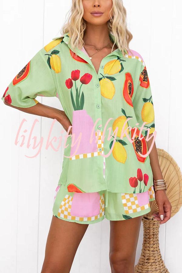 Summer Days Unique Fruit Print Loose Shirt and Elastic Waist Shorts Set