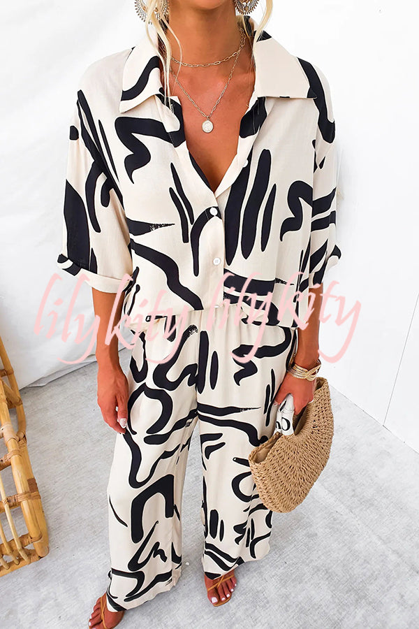 Irregular Printed Button Pocket Long Sleeved Shirt and Elastic Waist Pants Set