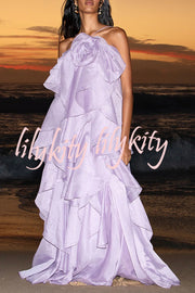 Free - Flowing Rose Detail Tiered Ruffles Halter A-line Maxi Dress