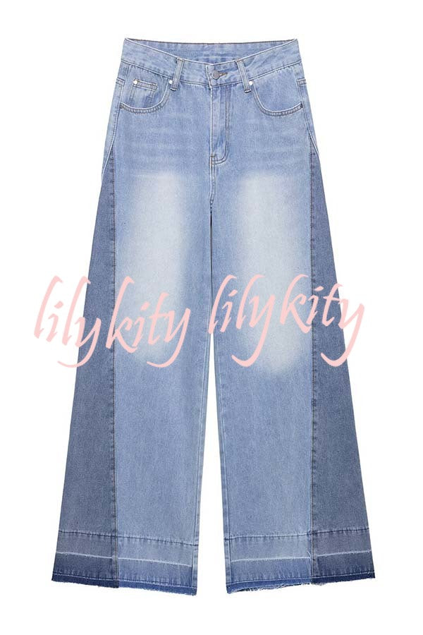 Ellison Denim Side Colorblock High Rise Pocket Wide Leg Jeans