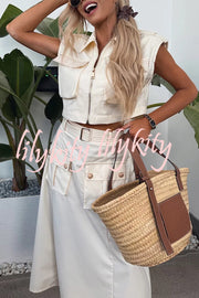 Athleisure Zipper Pocket Sleeveless Jacket and Belted Cargo Midi Skirt Set