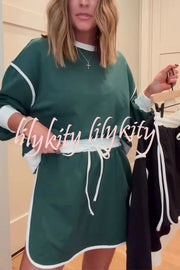 Fashion Round Neck Long Sleeve Spliced Casual Top and Elastic Waist Loose Shorts Set
