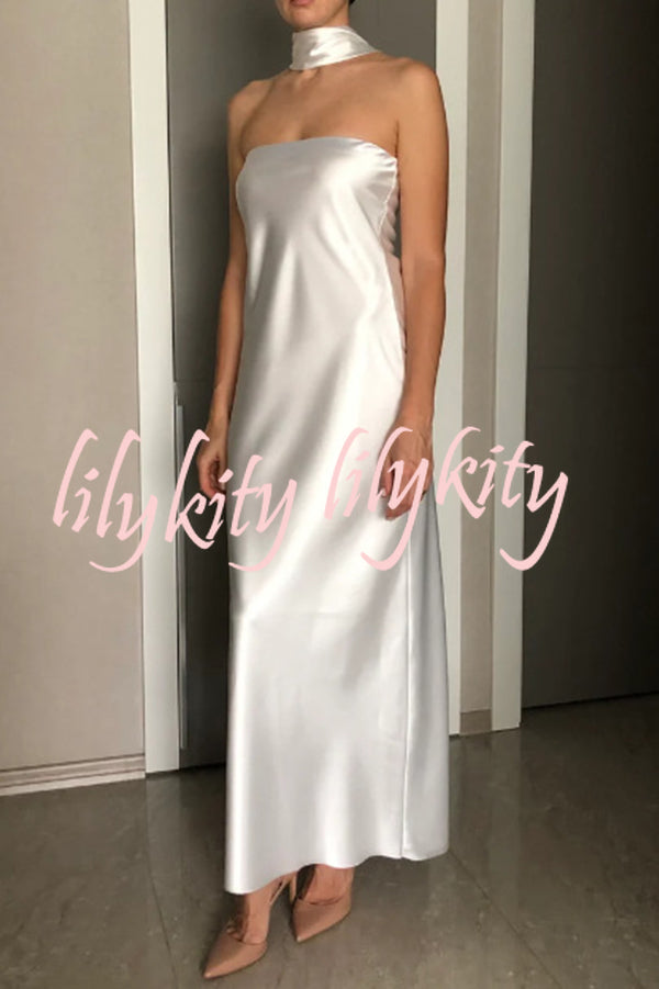 Satin Solid Color Elegant Strapless Slim Maxi Dress