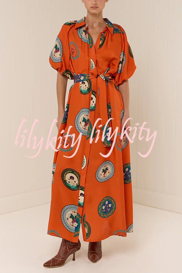 Linen Blend Unique Print Lapel Loose Tie Cardigan Maxi Dress