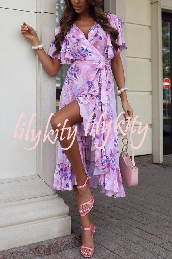 Unique Printed V-neck Ruffled Loose Midi Dress