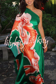 Elegance and Grace Satin Dragon Print One Shoulder Drape Sleeve Maxi Dress