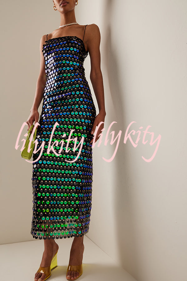 Sexy Sequined Halter-neck Backless Slim Fit Slit Midi Dress