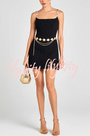 Timeless Exquisite Tweed Fabric Metal Coin Chain Detail Slip Mini Dress