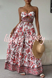 Floral Print Cutout Bandeau Top and Elastic Waist Full Maxi Skirt Set
