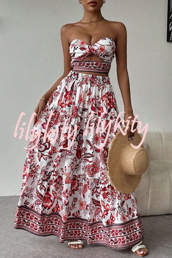 Floral Print Cutout Bandeau Top and Elastic Waist Full Maxi Skirt Set