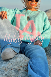 Letter Pattern Crew Neck Long Sleeve Loose Knit Sweater