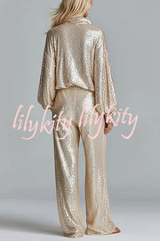 Glamorous Day Sequin Half Zip Loose Shirt and Elastic Waist Pocket Wide Leg Pants Set