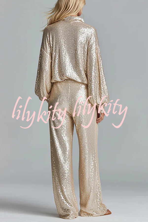 Glamorous Day Sequin Half Zip Loose Shirt and Elastic Waist Pocket Wide Leg Pants Set