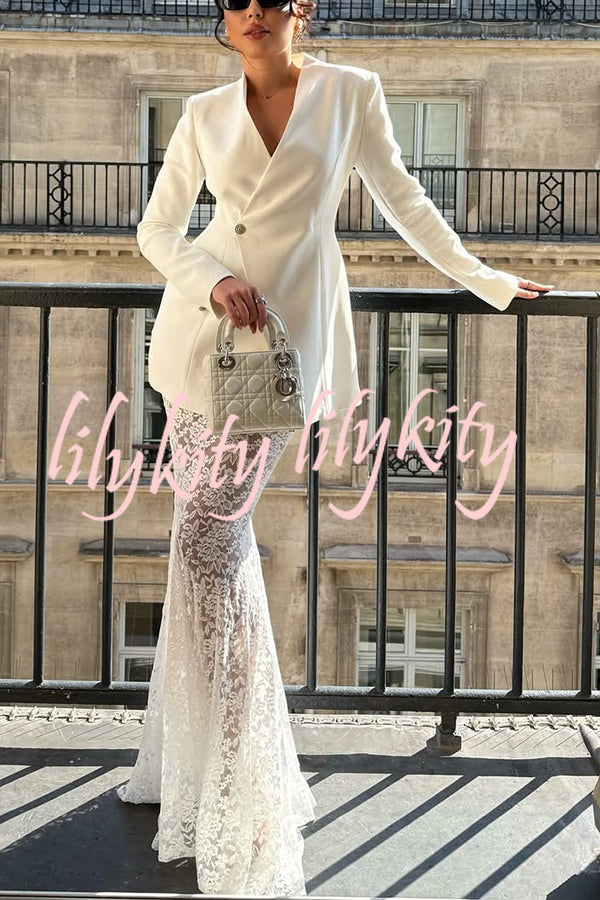 Poetic Muse Floral Lace High Rise Elastic Waist Fishtail Hem Maxi Skirt