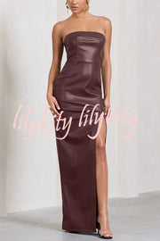 Sexy Meaning Faux Leather Strapless Bandeau Split Maxi Dress