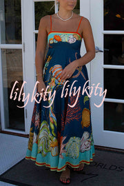 Linen Blend Unique Print Suspenders Back Pleated Pocket Resort Style Maxi Dress