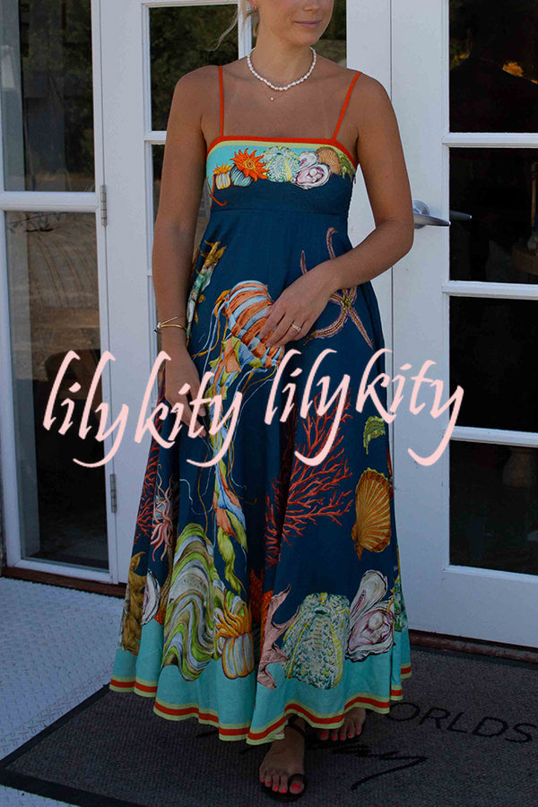 Linen Blend Unique Print Suspenders Back Pleated Pocket Resort Style Maxi Dress