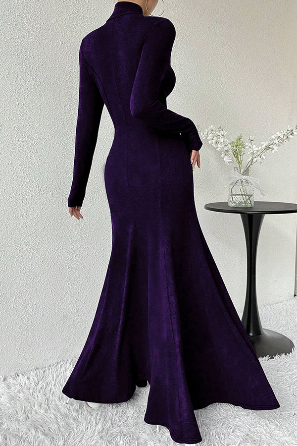 Solid Color High-neck Long-sleeved Slim-fit Fishtail Elegant Maxi Dress