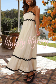 Bayside Beauty Wave Trim Patchwork Back Smocked Suspender Maxi Dress