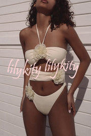 Three Dimensional Floral Halterneck One Piece Swimsuit