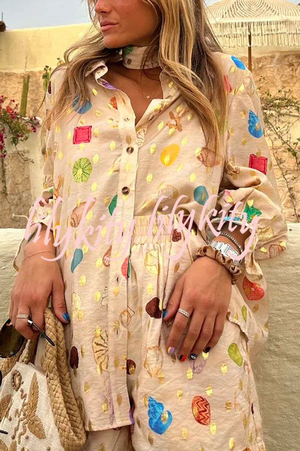 Fashionable Gold Stamping Unique Printing Lapel Long Sleeve Shirt and Elastic Waist Casual Pocket Shorts Set