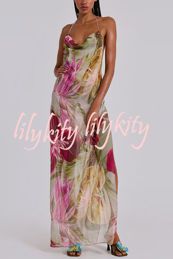 Floral Print Sexy Backless Slit See-Through Holiday Maxi Dress