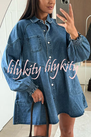 Fashion Heart Button Long Sleeve Casual Pocket Denim Mini Dress