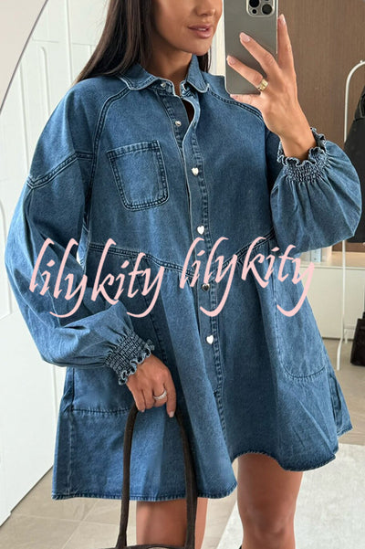 Fashion Heart Button Long Sleeve Casual Pocket Denim Mini Dress