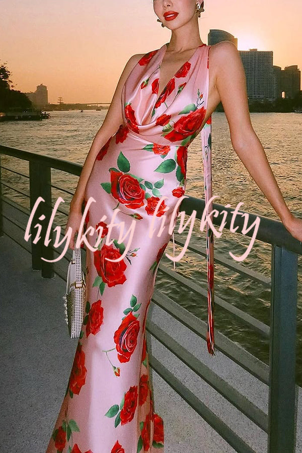 Rose Print Sexy Halter Neck Strappy Backless Slim Fit Maxi Dress