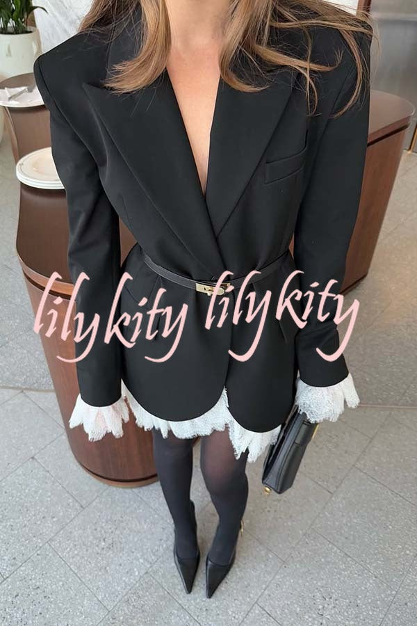 Cue The Chic Lace Trim Button Long Sleeve Lapel Blazer Mini Dress