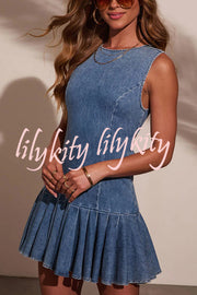 Fashionable Spliced Back Hollow Lace-up Pleated Slim-fit Denim Mini Dress
