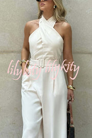 Solid Color Halterneck Sleeveless Waisted Casual Pocket Straight Jumpsuit