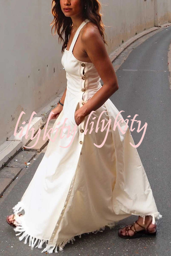 Bohemian Square Neck Pocket Tassel Holiday Maxi Dress