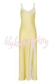 Sweet Trend Satin Lace Trim V-neck Slit Slip Maxi Dress
