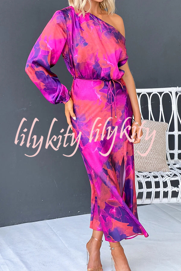Winona Satin Floral Print One Shoulder Balloon Sleeve Tie-up Maxi Dress