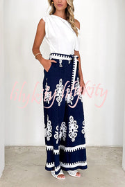 Unique Ethnic Print Belted Casual Pocket Wide Leg Pants