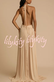 Ethereal Moment Tulle Cutout Ruched Waist Backless Halter Maxi Dress