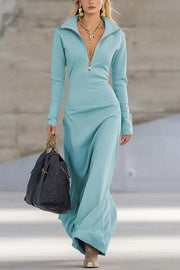 Solid Color Long-sleeved Lapel Zipper Casual Maxi Dress